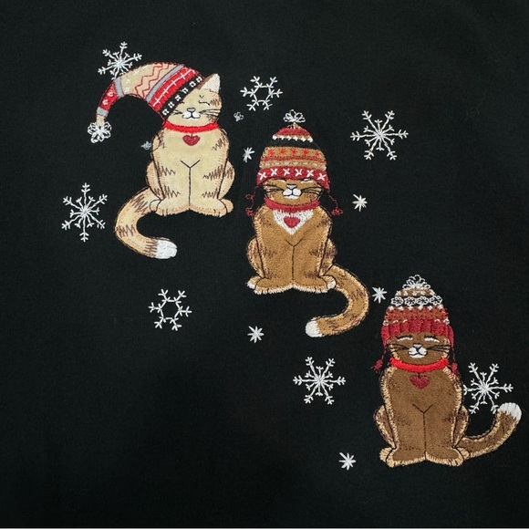 Embroidered Christmas Cats Large Black Long Sleeve Shirt - Picture 11 of 13